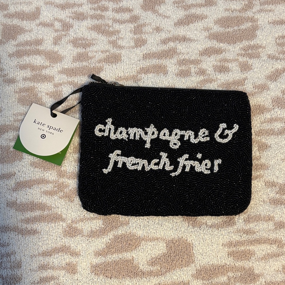 Kate Spade Black Beaded Pouch with White Text